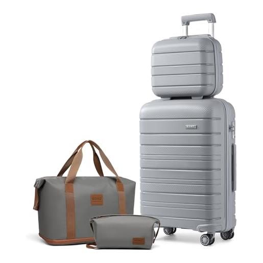 Kono set di 4 bagagli a mano con beauty case, include 1 borsa da viaggio e 1 borsa da toilette in polipropilene leggero 55 x 40 x 20, grigio, 24'' luggage set, 2k2091l gy 24+2ea2212 gy/bn