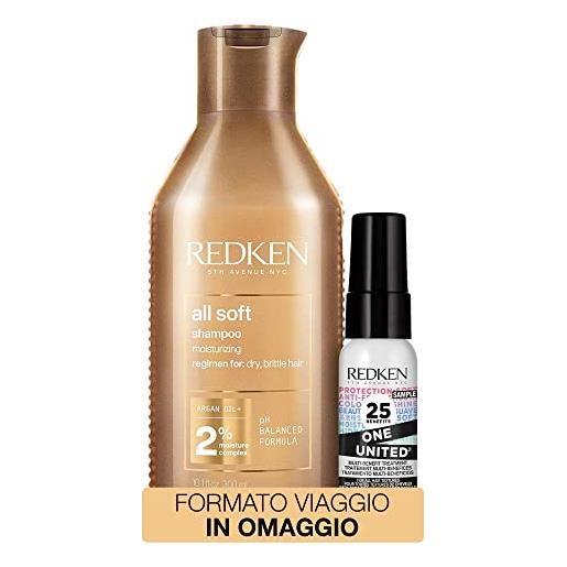 Redken | kit all soft shampoo 300ml + formato viaggio one united, idratante per capelli secchi e fragili, all soft
