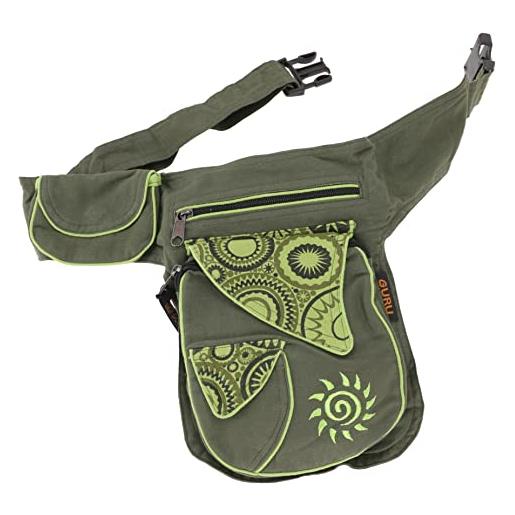 GURU SHOP stoff sidebag & gürteltasche, goa hüfttasche, bauchtasche - olivgrün, herren/damen, baumwolle, size: one size, 25x20x6 cm, festival- bauchtasche hippie