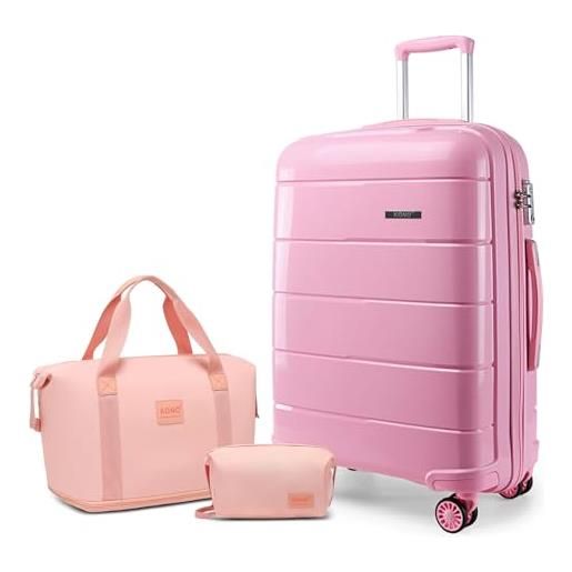 Kono set di 3 valigie da viaggio di medie dimensioni, con borsa da viaggio e borsa da toeletta, trolley leggero in polipropilene con chiusura sicura tsa, rosa, 24 inch luggage set, alla moda