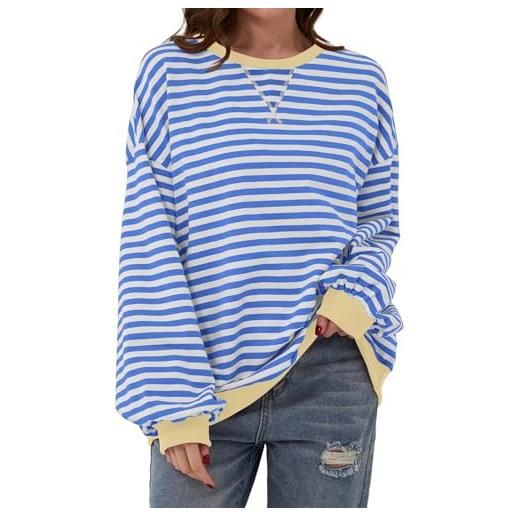 COALHO women striped color block oversized sweatshirt crew neck long sleeve shirt pullover top casual loose fit sweater (blue apricot, s)