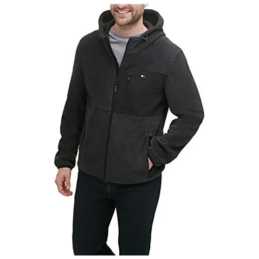 Tommy Hilfiger giacca in pile con cappuccio mixed media, grigio antracite/nero, xxl uomo