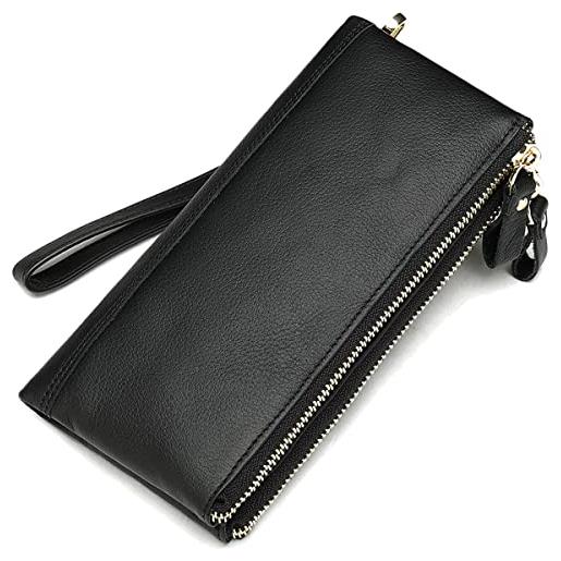 Karoukee bifold lungo portafoglio da uomo moderno con blocco rfid, pochette da polso per cellulare minimalista in vera pelle fiore, pochette porta carte di credito borsetta da lavoro con cinturino