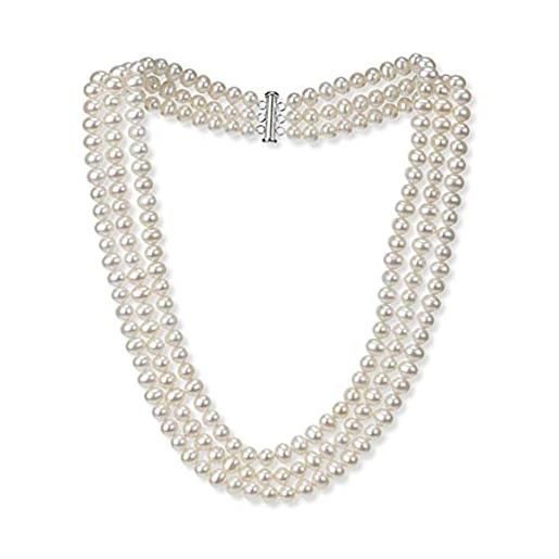 TreasureBay elegante e classica collana di perle d'acqua dolce a tre file per donna, 7 mm, (bianco)