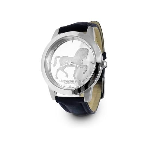 Generic orologio cavallo di leonardo cassa in acciaio e quadrante in argento 925/1000 riproducente cavallo di leonardo da vinci cinturino in vera pelle
