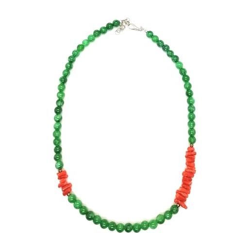Generico collana girocollo artigianale in pietre dure perle coralli susta in argento in vari colori e modelli (8 giada e corallo)