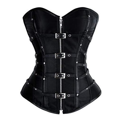 Charmian corsetto sopra il busto con cerniera disossata in raso punk gotico da donna con fibbie nero 3x-grande