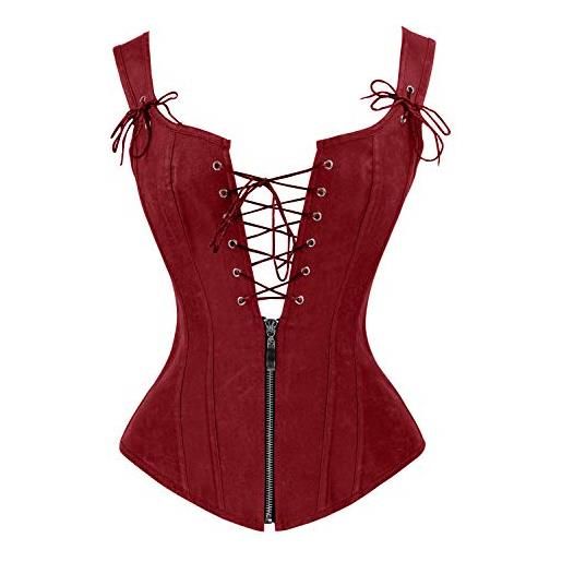 Charmian women's renaissance lace up vintage boned bustier corset with garters red small