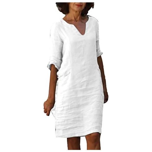 Generic abiti eleganti da donna a vita alta in tinta unita estate 2024 lino manica a 3/4 scollo a v al ginocchio blocchi di colore vintage abiti primaverili per le donne 2024 prendisole alla moda abiti