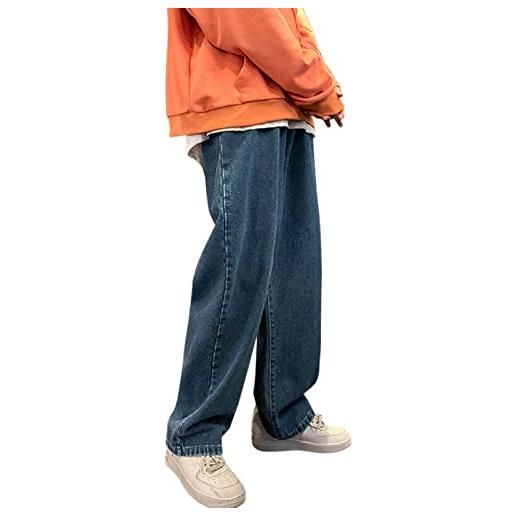 IQYU male casual fashion plus size loose elastic waist jeans street wide leg pantaloni, blu scuro, m