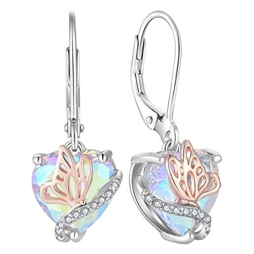 YL orecchini farfalla cuore in argento 925 con orecchini da donna con arcobaleno bianco zirconia cubica
