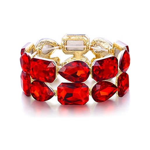 EVER FAITH braccialetto donna, rhinestone cristallo sposa 2 strati largo elasticità bracciale per donne ragazze rosso oro-fondo