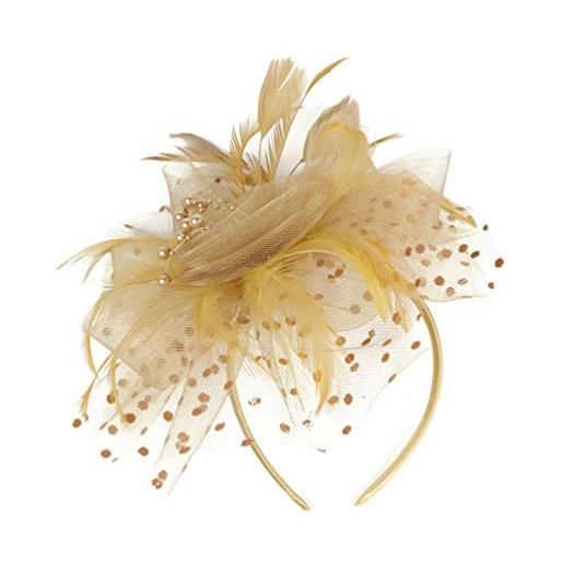 Minkissy fascinators - fermaglio per capelli con cappello a rete a forma di fiore, per cocktail di nozze (dorato)