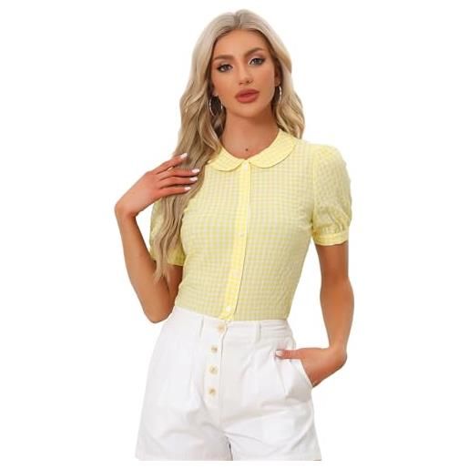 Allegra K camicetta da donna scozzese a maniche corte a quadretti con colletto alla peter pan e abbottonatura, giallo, m