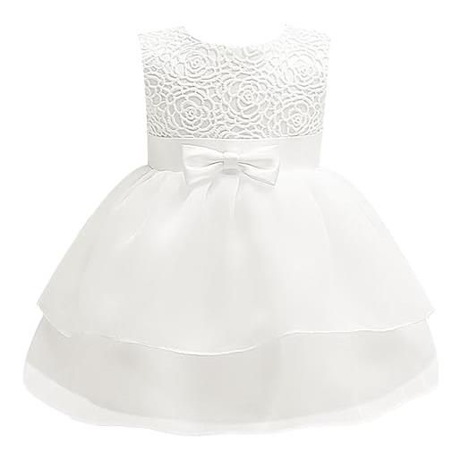Happy Cherry vestito da principessa neonata in tulle bianco abito tutù da battesimo nozze a maniche lunghe abitini matrimoni feste compleanno e cappello per bimba 3-6 mesi