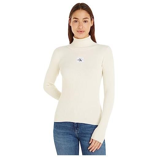 Calvin Klein Jeans pullover donna badge collo alto, bianco (ivory), xl
