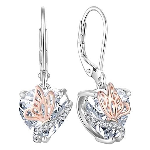 YL orecchini farfalla cuore in argento 925 con orecchini da donna con pietra portafortuna di aprile zirconia cubica bianchi