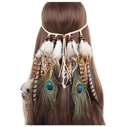 Uposao cerchietti per capelli hippie con piume fascia bohémien tassel vintage fascia di piume di pavone copricapo indiano copricapo accessori per donna e ragazza