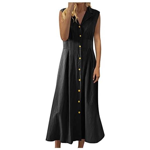 LOIJMK abito da donna in cotone e lino, senza maniche, con bottoni, per il tempo libero, stile bohémien, nero , xl