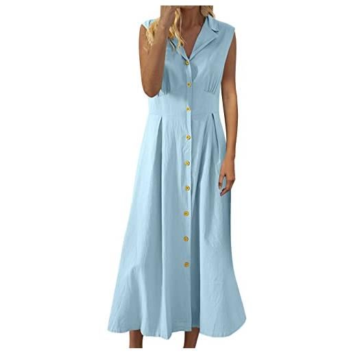LOIJMK abito da donna in cotone e lino, senza maniche, con bottoni, per il tempo libero, stile bohémien, giallo. , l