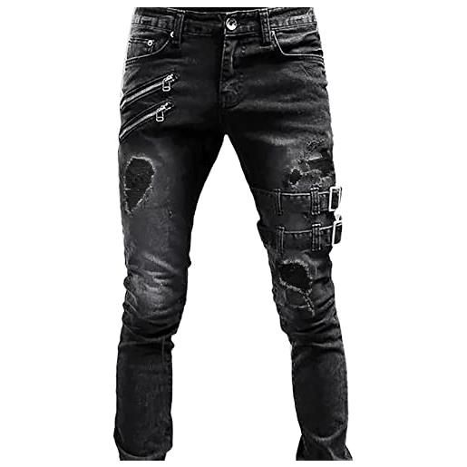 BIBOKAOKE jeans da uomo straight biker jeans jeans alla moda con fibbia in metallo hip hop streetwear stretch slim fit denim pantaloni skinny con fori a coste classici, in denim, nero 32. , m