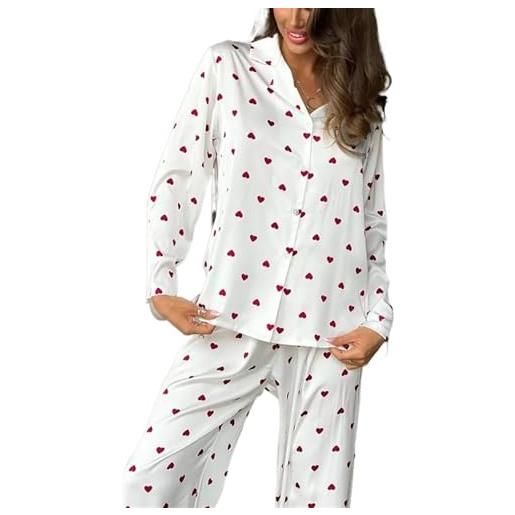 HotCoS pigiama in cotone da donna, completi in 2 pezzi, camicia abbottonata a maniche lunghe con stampa di cuori carini e pantaloni lunghi (color: blanco, size: s)