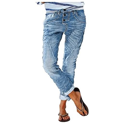 Rifuli jeans da donna, a gamba dritta, plissettati, con bottoni sul davanti, blu, l