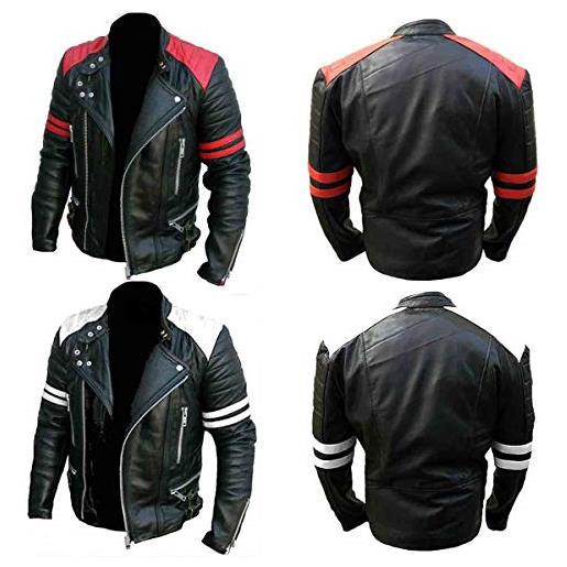 e Genius brando - giacca da motociclista vintage da uomo, in vera pelle, giacca in pelle nera e bianca, xs