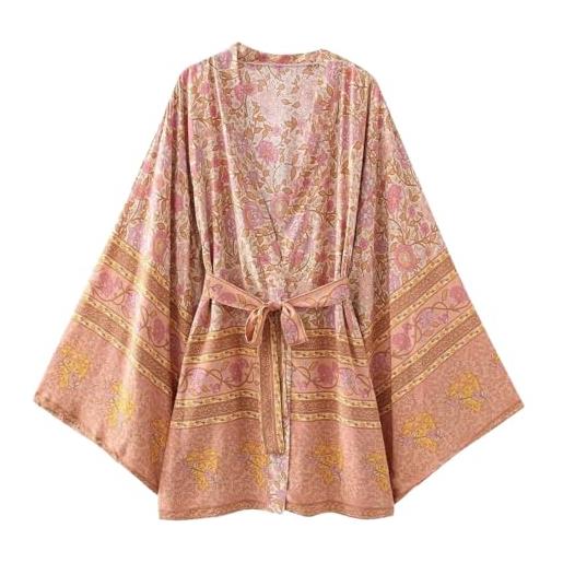 Hgvcfcv kimono corto con stampa floreale vintage boho copricostume estivo casual da spiaggia abiti bohémien in cotone rayon