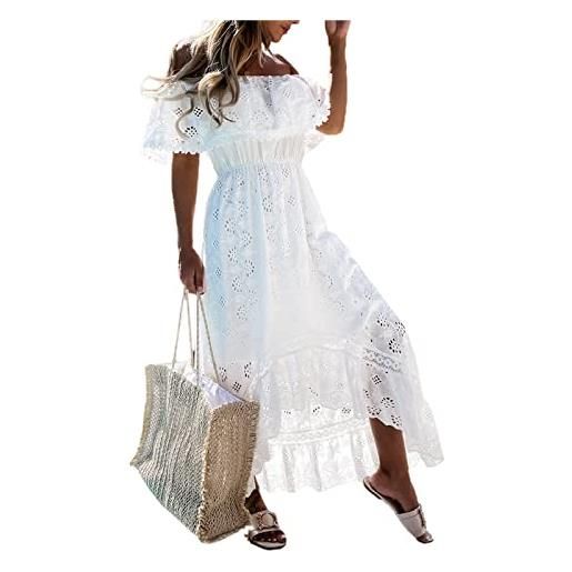 Zukmuk abito in pizzo lungo donna vestito spalla scoperte maniche corte vestiti estivo casual elegante abiti da mare (bianco, xl)