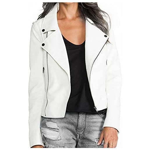 e_Genius giacca da motociclista da donna, asimmetrica, in pelle, con cerniera, colore: bianco, giacca in pelle biker bianca, 4xl