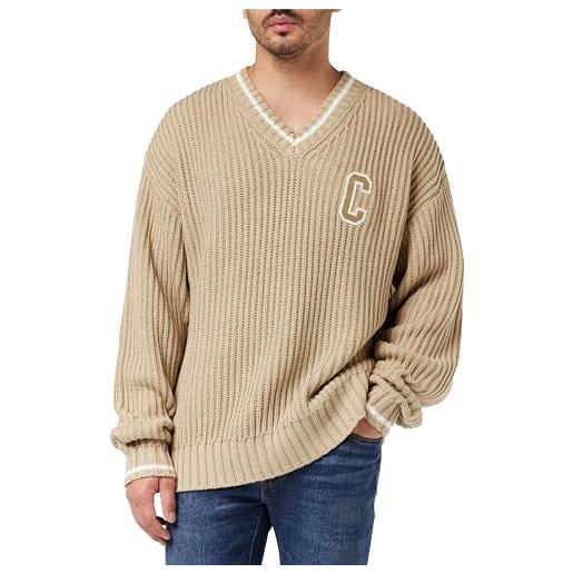 Champion rochester 1919 bookstore - cotton knitted winter-edition v-neck maglia, marrone sabbia, m uomo fw23