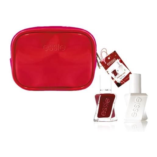 Essie pochette regalo rossa, con smalto semipermanente gel couture, colore: bubbles only, e top coat trasparente gel couture, senza lampada uv