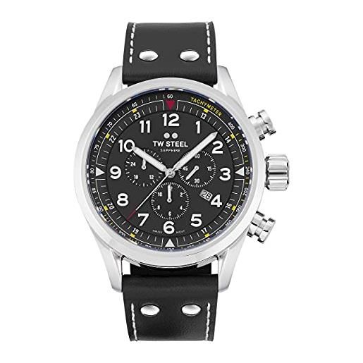 TW Steel swiss volante mens 48mm quartz watch with black dial black leather strap, and date calendar svs202