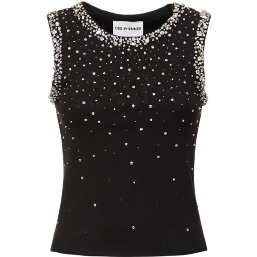 DES PHEMMES tank top in jersey a costine con cristalli