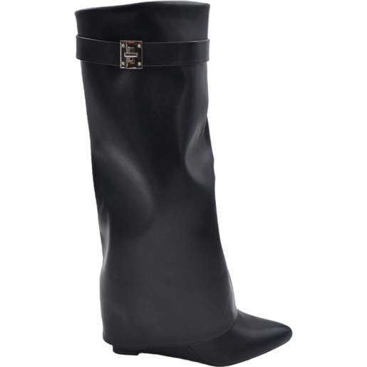 Malu Shoes stivali donna nero a punta al ginocchio punta con para risvolto modello shark zeppa 8 cm e accessorio argento moda