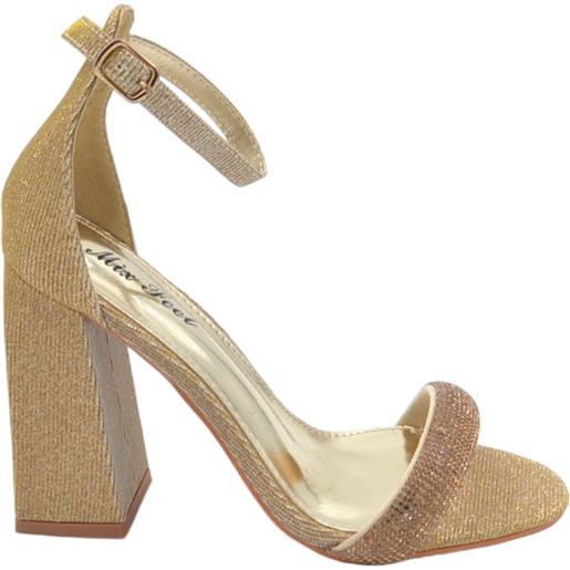 Malu Shoes sandalo alto donna oro tessuto satinato tacco doppio 9 cm cinturino con strass e chiusura alla caviglia linea basic