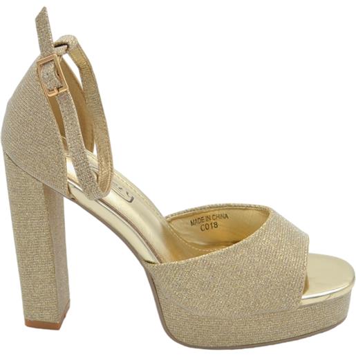 Malu Shoes sandali tacco donna in tessuto satinato oro plateau 3 cm tacco 11 cm con fascia avampiede chiusura regolabile caviglia