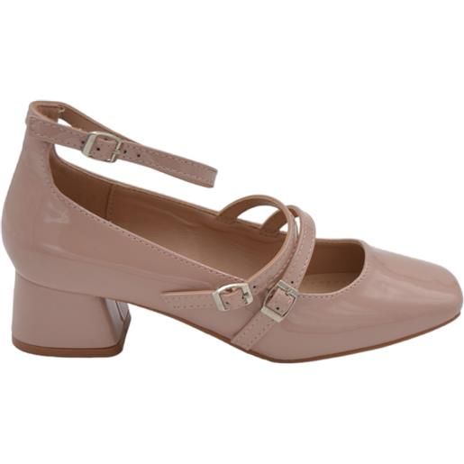 Malu Shoes scarpa ballerina donna punta quadrata con tacco basso 5 cm cinturini regolabili alla caviglia vernice beige nude lucido