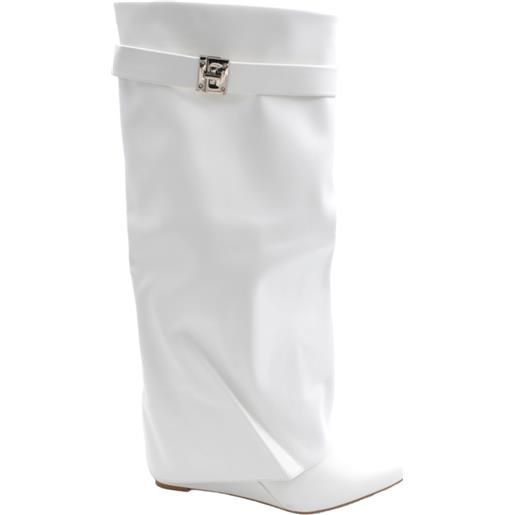 Malu Shoes stivali donna bianco a punta al ginocchio punta con para risvolto modello shark zeppa 8 cm e accessorio argento moda