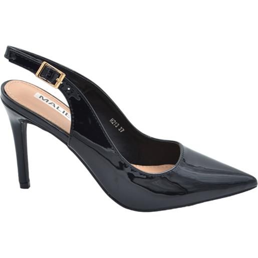 Malu Shoes scarpe decollete slingback donna elegante a punta in vernice lucida nero tacco 10 cm cinturino retro tallone regolabile