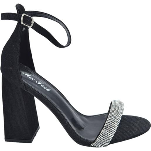Malu Shoes sandalo alto donna nero tessuto satinato tacco doppio 9 cm cinturino con strass e chiusura alla caviglia linea basic