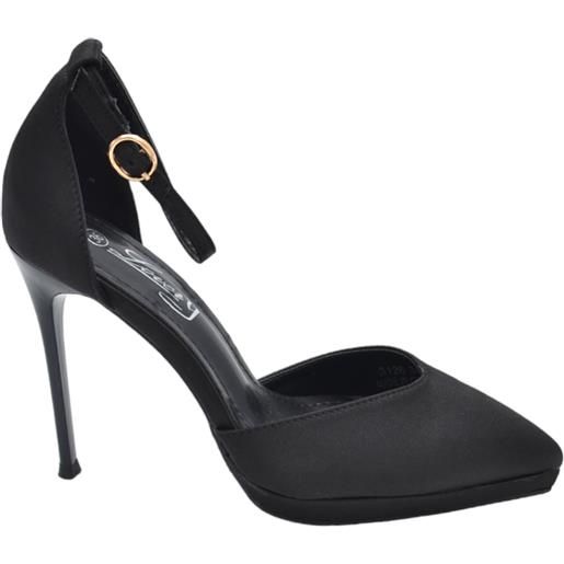 Malu Shoes decolette' donna in tessuto raso nero con punta tacco sottile 12 cm plateau 2 cm e cinturino alla caviglia regolabile