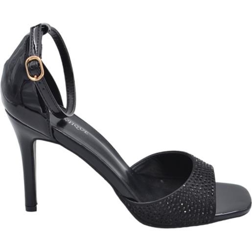 Malu Shoes sandali tacco donna fascetta in tessuto nero strass tono su tono cinturino alla caviglia tacco a spillo comodo 12cm
