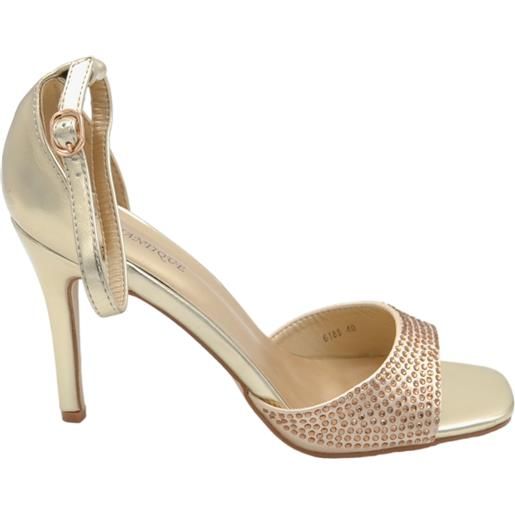 Malu Shoes sandali tacco donna fascetta in tessuto oro strass tono su tono cinturino alla caviglia tacco a spillo comodo 12cm