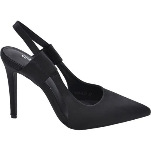 Malu Shoes decollete scarpa donna slingback a punta in raso nero tacco sottile 10 cm cinturino tallone fisso glamour moda
