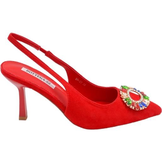 Malu Shoes scarpe decollete donna slingback in camoscio rosso con accessorio di strass colorati in punta tacco a spillo basso 7 cm