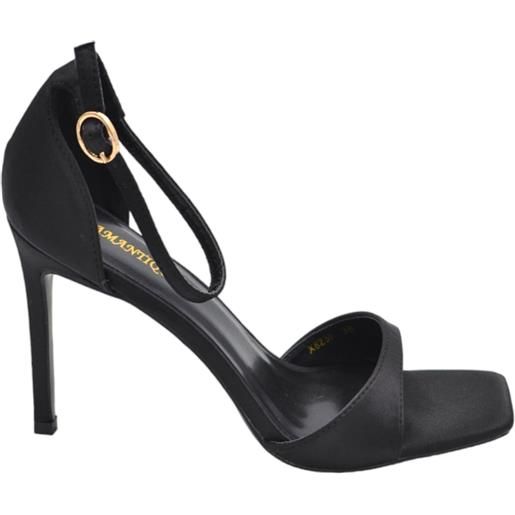 Malu Shoes sandalo tacco in raso nero a punta quadrata tacco sottile 12 cm chiusura alla caviglia moda cerimonia