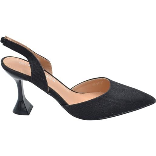 Malu Shoes decollete scarpa donna slingback a punta in tessuto satinato nero tacco clessidra 9 cm cinturino tallone glamour moda