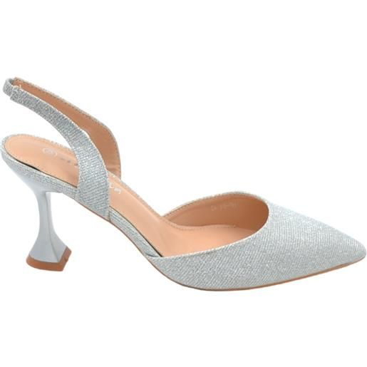 Malu Shoes decollete scarpa donna slingback a punta in tessuto satinato argento tacco clessidra 9 cm cinturino tallone glamour moda